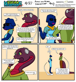 anthro blind cochlear_implant_processor crossed_arms deaf dialogue disability duo female hands_on_hips simple_background text walking_stick baristagamerproductions ada_(gem_hunters) queenie_(gem_hunters) canid canine mammal reptile scalie snake absurd_res comic english_text hi_res