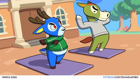 anthro antlers belly belly_squish big_belly big_butt blue_body blue_fur blue_sky butt clothing duo food fruit fur green_body green_fur gym_mat horn huge_belly huge_butt jacket laugh male moobs morbidly_obese morbidly_obese_anthro multiple_poses obese obese_anthro overweight overweight_anthro peach_(fruit) plant pose shocked size_difference sky squish topwear training tree weight_gain roundwombo animal_crossing nintendo bam_(animal_crossing) buck_(animal_crossing) deer equid equine horse mammal 2026 animated short_playtime sound video