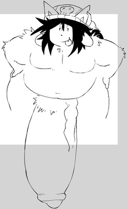 anthro belly belly_overhang big_penis big_vein black_hair clothing foreskin genitals hair hat headgear headwear huge_penis hyper hyper_genitalia hyper_penis male penis pubes simple_eyes solo thick_thighs tongue tongue_out vein veiny_penis loudnormal4 undertale_(series) temssum_the_temmie tem monochrome