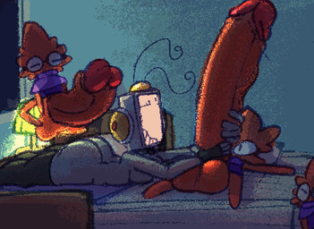 antennae_(anatomy) anthro balls bed big_balls big_penis breasts butt clothing electronics erection eyewear female fingerless_gloves for_a_head fur furniture genitals glasses gloves grey_body grin group handjob handwear huge_balls huge_penis hyper hyper_genitalia hyper_penis lamp larger_female lying male on_back on_front orange_balls orange_body orange_fur orange_penis penile penis purple_clothing purple_sweater purple_topwear screen screen_face selfcest sex size_difference smaller_male smile square_crossover sweater television topwear bitwily akinami_(bitwily) human mammal object_head screen_head tv_head unknown_species 2024 aliasing digital_media_(artwork) dithering