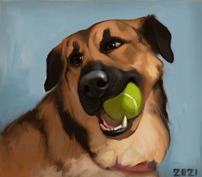 ball black_markings black_nose brown_body brown_eyes brown_fur feral fur looking_aside markings pink_tongue quadruped simple_background solo tan_body tan_fur teal_background teeth tennis_ball tennis_ball_in_mouth tongue whisker_spots alexpahomov canid canine canis domestic_dog herding_dog mammal mixed_breed pastoral_dog 2021 digital_media_(artwork) digital_painting_(artwork) hi_res painting_(artwork)