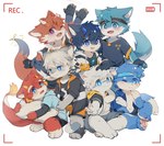 4_fingers anthro biped black_body black_fur blue_body blue_eyes blue_fur countershade_fur countershading fingers fur grey_body grey_fur group group_photo kemono looking_at_viewer male one_eye_closed orange_body orange_fur red_body red_fur scared shota white_body white_countershading white_fur wink winking_at_viewer young kaka_careful canid canine canis mammal wolf 2022 hi_res