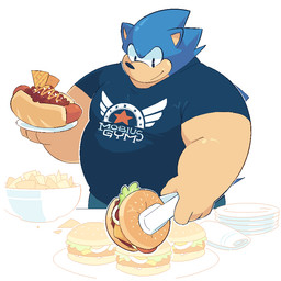 anthro blue_body burger chili_dog clothing food hot_dog humanoid_hands male overweight overweight_male shirt solo text text_on_clothing text_on_shirt text_on_topwear topwear greenendorf sega sonic_the_hedgehog_(series) sonic_the_hedgehog eulipotyphlan hedgehog mammal 1:1 2015