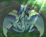 5:4 blue_body dragon feathers female feral fur genitals halo horn mythological_creature mythological_scalie mythology pawpads paws pyro_(disambiguation) raised_paw scalie shima_laqi solo tail teeth teeth_showing wings wings_folded