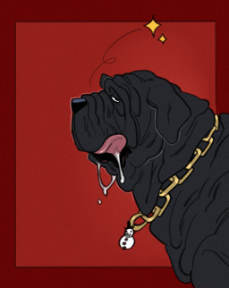 bodily_fluids chain_collar christmas_decorations christmas_ornament collar dewlap_(anatomy) feral floppy_ears gold_(metal) gold_jewelry holidays jewelry licking licking_lips looking_at_viewer male ornament saliva saliva_on_tongue saliva_string side_view snowman solo tongue tongue_out wrinkles fernsigillum christmas rex_(kingmastiff30) canid canine canis domestic_dog mammal mastiff molosser neapolitan_mastiff