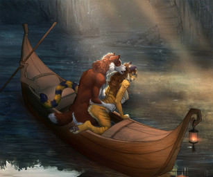 anthro bare_back blue_eyes boat breasts brown_body brown_fur brown_hair day detailed_background duo female fur hair lamp lantern male nipples nude open_mouth outside side_boob striped_body striped_fur stripes teeth tongue vehicle water watercraft araivis-edelveys canid canine canis domestic_dog felid husky hybrid liger lion mammal nordic_sled_dog pantherine spitz