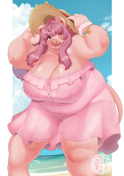 anthro belly big_breasts bracelet breasts cleavage clothed clothing cloud day dress female glistening glistening_body hair hat headgear headwear huge_breasts jewelry long_hair looking_at_viewer navel_outline one_eye_closed open_mouth outside overweight overweight_anthro overweight_female pink_body pink_clothing pink_dress pink_eyes pink_hair sky smile solo standing straw_hat tail thick_thighs wide_hips wink sasanoha6011 domestic_pig mammal suid suine sus_(pig) absurd_res hi_res