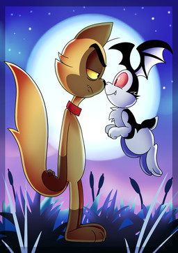 anthro black_body black_ears black_eyes black_fur black_nose black_tail brown_body brown_ears brown_fur brown_tail chest_tuft collar duo eye_contact face_to_face flying full_moon fur grass half-closed_eyes happy head_wings long_ears looking_at_another male moon multicolored_body multicolored_fur narrowed_eyes night nose_to_nose outside plant red_collar red_eyes red_sclera scut_tail short_tail size_difference smile standing star tail tuft two_tone_body two_tone_fur two_tone_tail unusual_wing_placement white_body white_fur white_nose white_tail white_tuft wings yellow_sclera 8-bit-britt bunnicula_(series) bunnicula chester_(bunnicula) domestic_cat felid feline felis lagomorph leporid mammal rabbit vampire 2017 digital_media_(artwork) hi_res