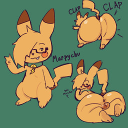 anthro anus backsack balls beckoning big_butt butt clap_(sound_effect) clapping collar dialogue eyewear feet genitals gesture glasses glistening glistening_balls glistening_butt glistening_genitalia green_eyes hand_gesture huge_butt huge_thighs looking_at_viewer lying male one_eye_obstructed onomatopoeia shaking_butt smug smug_face smug_grin solo sound_effects standing tail teeth text thick_thighs v_sign wearing_glasses marpypawz nintendo pokemon fan_character marpychu_(marpypawz) generation_1_pokemon pikachu pokemon_(species) 1:1 english_text hi_res