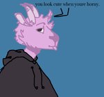 ambiguous_gender anthro clothing femboy hoodie horn male simple_background smug solo teasing text tongue tongue_out topwear buffalonium casamir bovid caprine goat mammal english_text pastel_theme