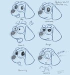 angry anthro bodily_fluids dialogue emotionless exclamation_point eyewear female glasses happy indifferent nervous questioning round_glasses scared shocked sweat text worried plinko bluey_(series) honey_(bluey) beagle canid canine canis domestic_dog hunting_dog mammal scent_hound hi_res signature sketch traditional_media_(artwork)