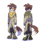 anthro clothing coat cosplay eyewear female footwear glasses pince-nez rectangular_glasses scarf shoelaces shoes solo spots topwear tim_weeks capcom monster_hunter savestate nicole_(savestate) australian_shepherd canid canine canis canyne domestic_dog herding_dog mammal palamute pastoral_dog red_merle sheepdog