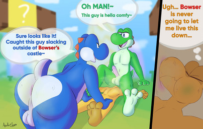 anthro anus balls bodily_fluids butt butt_sniffing dialogue erection eyes_closed facesitting feet genitals group male male/male musk musky_butt nude penis sitting_on_another smelly sniffing speech_bubble sweat text thick_thighs thought_bubble trio apollo_hart mario_bros nintendo blue_yoshi green_yoshi koopa koopa_troopa scalie yoshi english_text hi_res