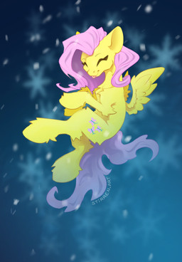 abstract_background blep eyes_closed female feral flying hooves smile snowflake solo spread_wings tongue tongue_out wings stirren friendship_is_magic hasbro my_little_pony mythology fluttershy_(mlp) equid equine mammal mythological_creature mythological_equine pegasus hi_res