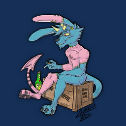3_fingers alcohol anthro athletic beverage biped blue_body blue_fur box buckteeth chest_tuft claws container crate damaged ear_piercing feet fingers front_view frown fur hair holding_object horn jewelry long_ears long_tail male markings multicolored_body multicolored_fur pawpads paws pecs piercing pink_body pink_fur plantigrade pose red_eyes scar seam_(sewing) simple_background sitting skinny smoking solo spade_tail stitch_(sewing) stripes substance_intoxication surgical_suture tail teeth toes transparent_background tuft two_tone_body two_tone_fur yellow_eyes yellow_sclera krolik lachendesreh hodgepodge_(krolik) demon hare imp lagomorph leporid mammal rabbit undead zombie 1:1 2025 alpha_channel digital_drawing_(artwork) digital_media_(artwork) hi_res portrait signature