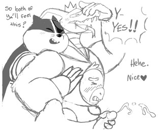 1_eye anthro bodily_fluids cum cybernetics disability duo erection eye_patch eyewear genital_fluids genitals handjob machine male male/male orgasm orgasm_face overweight overweight_male penile penis prosthetic prosthetic_arm prosthetic_limb sex sketchy text anonymous_artist cartoon_network mao_mao:_heroes_of_pure_heart badgerclops coby_(mao_mao) orangusnake tanner_(mao_mao) ape badger cobra cyborg haplorhine mammal mustelid musteline orangutan primate reptile scalie snake english_text hi_res monochrome