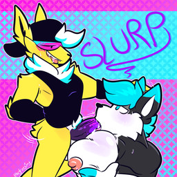 anthro balls big_muscles blush bodily_fluids cum duo erection fur genital_fluids genitals male male/male male_penetrated male_penetrating male_penetrating_male muscular muscular_anthro muscular_male nipples oral pecjob pecs penetration penis sex tongue yellow_body yellow_fur fizzyjay nintendo pokemon jay_(fizzyjay) eeveelution generation_1_pokemon jolteon pokemon_(species) 1:1 digital_media_(artwork) hi_res