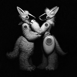 3_toes 4_fingers 4_toes black_background blank_screen claws detailed_fur duo feet fingers fur hand_on_another's_arm hand_on_another's_face inner_ear_fluff kerchief looking_at_another machine neckerchief neckwear paws pointy_ears prick_ears reflection screen screen_face simple_background standing tail toes tuft dyoudim protogen absurd_res detailed hi_res monochrome
