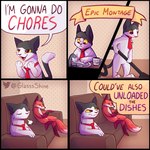 1:1 annoyed anthro canid canine cleaning comic countershading crossed_legs dialogue domestic_cat dot_eyes duo electronics english_text facial_tuft fangs felid feline felis fox fur furniture glassshine hi_res hubert_(glassshine) male mammal multicolored_body multicolored_fur necktie open_mouth paws phone red_body red_fur relatable sigh sink sitting sofa speech_bubble steve_(glassshine) talking_to_another teeth text tuft twitter twitter_logo vacuum washing_dishes yellow_eyes