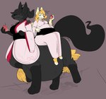 abdominal_bulge anthro belly big_belly black_body black_fur black_hair blonde_hair duo eating female fur hair long_tail tail vore inky_entropy canid canine fox mammal taur digital_media_(artwork) hi_res