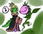 anthro blonde_hair breasts clothed clothing duo eyes_closed female hair musical_note musical_symbol non-mammal_breasts plant symbol avencri cela crocodile crocodilian elemental_creature flora_fauna reptile scalie 2008 5:4 character_request signature