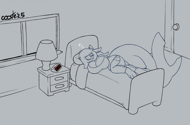 3_toes alarm_clock anthro barefoot bed big_breasts black_text breasts clock clothed clothed_female clothing door ear_piercing eyelashes eyes_closed feet female furniture grey_background hair inside lamp on_bed open_mouth piercing simple_background sleeping solo sound_effects text thin_eyebrows toes vowelless vowelless_sound_effect white_text window year zzz castesystem 2025 artist_name hi_res restricted_palette
