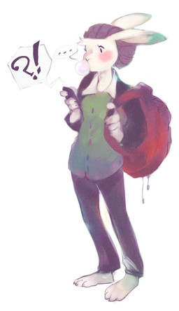 anthro backpack barefoot biped blue_ears blush bubble bubble_gum cellphone claws clothing electronics ellipsis exclamation_point feet hat headgear headwear holding_object holding_phone interrobang male phone question_mark simple_background solo white_background kogamo lagomorph leporid mammal rabbit