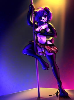 anthro black_body black_fur bodily_fluids bottomwear bra breasts choker claws clothed clothing eyebrows eyelashes female fur genital_fluids genitals hair jewelry looking_at_viewer necklace nipples one_eye_closed panties panties_down partially_clothed pole purple_hair short_tail skirt smile solo stripper_pole tail underwear underwear_down vaginal_fluids vulva white_body white_fur wink yellow_eyes bigmoon206 amsu bear giant_panda mammal absurd_res hi_res