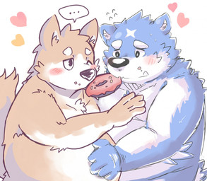 anthro belly blue_body blue_fur blush dessert doughnut duo ellipsis food fur heart_symbol humanoid_hands male overweight overweight_male pastry bhtoss canid canine canis domestic_dog mammal 2015