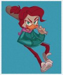 4_fingers anthro baseball_bat bat_(object) beak biped blue_background border clothed clothing female fingers footwear fully_clothed green_eyes hair hand_in_pocket holding_baseball_bat holding_object hoodie looking_at_viewer pockets ponytail red_hair shoes simple_background solo topwear white_border young miyakoriee disney ducktales ducktales_(2017) gosalyn_waddlemeyer anatid anseriform avian bird duck 2022 full-length_portrait hi_res portrait signature