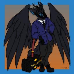 angry black_body black_fur clothing feathered_wings feathers fur gloves hammer handwear horn leaning_on_object looking_at_viewer machine male simple_background suit tools wings vendible protogen 1:1 absurd_res hi_res signature
