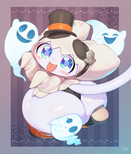 ambiguous_gender anthro big_butt big_eyes biped blue_eyes blush bottom_heavy butt clothed clothing glistening glistening_eyes group hat headgear headwear holidays huge_butt open_mouth short_stack simple_background tail text thick_thighs tongue top_hat white_body white_tail wide_hips keyhat_tk10 halloween tiril felid feline felis ghost mammal spirit 2025 dated digital_media_(artwork) english_text hi_res signature