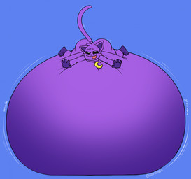 anthro belly belly_expansion big_belly big_butt black_eyebrows black_nose black_sclera bloated blue_background butt creaking_belly enjoying expansion eyebrows front_view groan groaning_belly hair huge_belly hyper hyper_belly hyper_inflation immobile inflation jewelry lying male motion_lines necklace on_front onomatopoeia purple_body purple_ears purple_hair purple_inner_ear purple_tail red_tongue simple_background smile solo sound_effects tail text tongue tongue_out white_eyes v1sage mob_entertainment poppy_playtime smiling_critters catnap_(poppy_playtime) domestic_cat felid feline felis mammal 2025 colored digital_media_(artwork) hi_res shaded signature