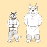 anthro bottomwear clothed clothing crossed_arms duo male musclegut muscular muscular_male overweight overweight_male topwear 3000vnd canid canine canis domestic_dog felid mammal pantherine tiger 1:1 hi_res