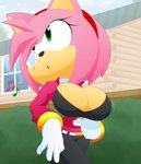 accessory anthro big_breasts bouncing_breasts bra breasts cleavage clothed clothing female hair_accessory hairband hedge looking_up musical_note musical_symbol outside plant shrub solo symbol thick_thighs underwear unzipping whistling wide_hips window slickehedge sega sonic_the_hedgehog_(series) amy_rose eulipotyphlan hedgehog mammal absurd_res hi_res