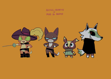 anthro belt black_body black_fur blue_eyes boots brown_body brown_fur cape cheek_tuft chibi cloak clothing eyebrows facial_markings facial_tuft female fluffy fluffy_tail footwear fur fuzzy green_eyes grin group half-closed_eyes hand_on_hip hands_on_hips hat head_markings headgear headwear holding_object holding_weapon male markings mask_(marking) melee_weapon narrowed_eyes open_mouth open_smile orange_background orange_body orange_fur pointing_weapon pointy_ears poncho pose prick_ears rapier red_eyes sharp_teeth shoes simple_background size_difference smile smirk smug standing style_emulation sweater sword tail teeth text topwear tuft weapon whiskers white_body white_fur kirbyzitos animal_crossing dreamworks nintendo puss_in_boots_(franchise) death_(puss_in_boots) kitty_softpaws perrito_(puss_in_boots) puss_in_boots_(dreamworks) canid canine canis chihuahua domestic_cat domestic_dog felid feline felis mammal tabby_cat toy_dog tuxedo_cat wolf digital_drawing_(artwork) digital_media_(artwork) english_text flat_colors hi_res