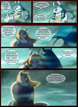 accessory anthro armor big_breasts bracers breasts brown_body brown_fur clothed clothing dialogue dress duo egyptian egyptian_clothing egyptian_headdress female fur glowing hair hug limbo male multicolored_body multicolored_fur muscular muscular_anthro muscular_male nemes overweight overweight_anthro overweight_female speech_bubble tan_body tan_fur text two_tone_body two_tone_fur usekh xxsparcoxx helena_(xxsparcoxx) wepwawet wepwawet_(xxsparcoxx) canid canine canis deity fox mammal wolf 2022 absurd_res comic digital_media_(artwork) hi_res spanish_text