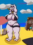 beach big_breasts bikini breasts clothing ear_piercing ear_tag female fur nipple_outline numbered_ear_tag piercing solo string_bikini string_panties swimwear thick_thighs two-piece_swimsuit white_body white_fur clovedex undertale_(series) background_character toriel bovid caprine goat humanoid mammal 3:4 absurd_res hi_res