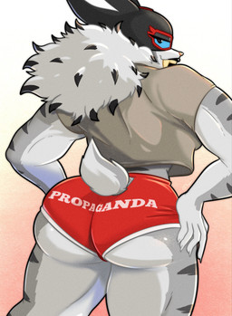 anthro athletic athletic_female big_breasts big_butt black_body black_fur black_lipstick blue_eyes bottomwear breasts butt clothed clothing fangs female fully_clothed fur furgonomic_bottomwear furgonomics hand_on_hip hotpants lipstick looking_at_viewer makeup mask midriff multicolored_body multicolored_fur shirt shorts smile solo striped_body striped_fur stripes t-shirt teeth text text_on_bottomwear text_on_clothing thick_thighs topwear two_tone_body two_tone_fur wearing_mask white_body white_fur wide_hips roboticsteve you_are_not_immune_to_propaganda saber_(roboticsteve) felid mammal prehistoric_species saber-toothed_tiger 2026 absurd_res hi_res meme