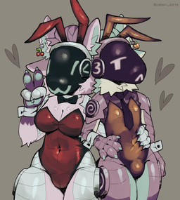 4_ears accessory anthro bow_tie breasts bulge bunny_costume clothed clothing costume duo ear_piercing ear_ring female fur gesture hand_gesture looking_at_viewer machine male multi_ear navel necktie piercing ring_piercing simple_background thick_thighs v_sign visor cherry_kotya albe-1_(character) mis-0_(character) protogen absurd_res digital_media_(artwork) hi_res