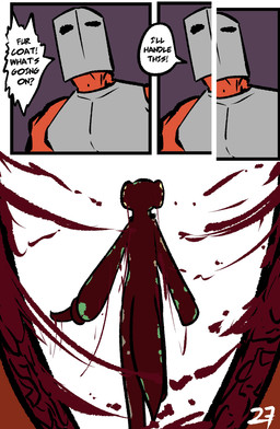 anthro blood blood_on_body blood_on_object blood_on_sword blood_on_weapon bodily_fluids cut_in_half death dialogue female gore horn male speech_bubble weapon brradett microsoft the_elder_scrolls lernie_(brradett) argonian human mammal scalie comic hi_res