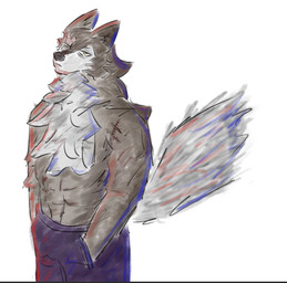 anthro clothed clothing fur grey_body grey_fur male muscular pose solo tail melioo canid canine canis mammal wolf