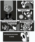 ambiguous_gender anthro black_clothing black_eyes black_shirt black_topwear bodily_fluids border clothed clothing comic dialogue duo endervine english_text furgonomics greyscale hi_res hooded_cloak horn inner_monologue mask monochrome monster motion_lines necktie orb shane_frost shirt sitting smiley_face speech_bubble tail tears text topwear unknown_species white_border
