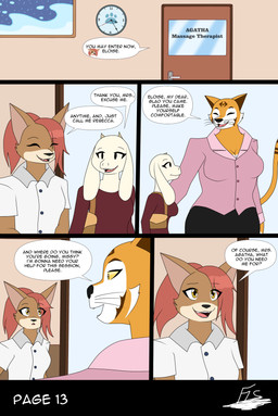 anthro boss_and_employee clock clothing dialogue duo female massage_parlor painting_(object) pink_button-down_shirt purse red_clothing red_sweater red_topwear sweater text topwear waiting_room white_button_up writing_on_door misterfis agatha_(misterfis) rebecca_(misterfis) bovid canid canine caprine felid fox goat mammal pantherine tiger comic english_text hi_res