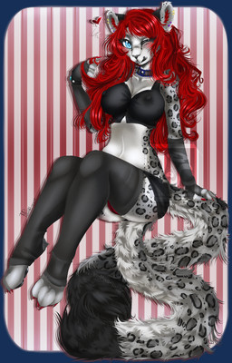 anthro arm_warmers armwear biped bra breasts clothing collar colored_nails ear_piercing female fur grey_body grey_fur hair heart_symbol legwear looking_at_viewer nails navel nipple_outline one_eye_closed open_mouth panties piercing red_hair red_nails simple_background smile solo spots teeth thigh_highs tongue tongue_out underwear wink winking_at_viewer year myett-wrath tonisia_(toni_serinn) felid leopard mammal pantherine snow_leopard 2014 hi_res signature
