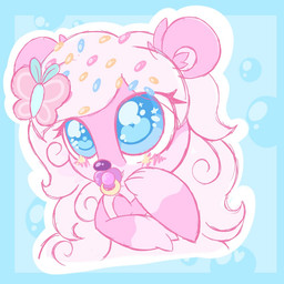 accessory anthro blue_eyes bow_ribbon fur hair_accessory male object_in_mouth pacifier pacifier_in_mouth pink_body pink_fur solo sprinkles sprinkles_in_hair faelullaby katiepup mammal mustelid otter river_otter 1:1
