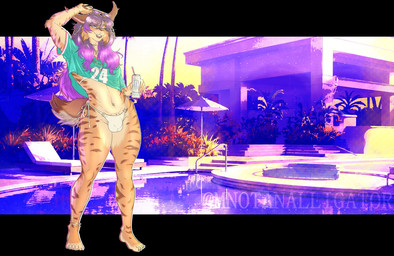 anklet anthro beverage bikini bracelet bulge can claws clothed clothing container crop_top detailed_bulge drinking_straw ear_piercing ear_ring eyewear facial_piercing femboy glint gradient_hair green_clothing green_crop_top green_shirt green_topwear hair hand_above_head hand_pawpads holding_beverage holding_can holding_container holding_eyewear holding_object holding_sunglasses jewelry lifting_glasses lip_piercing lips long_hair looking_at_viewer male nails navel navel_piercing number_on_clothing number_on_jersey parasol pawpads piercing purple_eyes purple_hair ring_piercing screencap screencap_background shirt skimpy slim_anthro slim_male smile solo striped_body stripes sunglasses swimming_pool swimwear tail toe_claws topwear two-piece_swimsuit white_bikini white_clothing white_monster white_swimwear imnotanalligator grand_theft_auto grand_theft_auto_vi rockstar_games drex_the_lynx felid feline iberian_lynx lynx mammal 2026 digital_drawing_(artwork) digital_media_(artwork) full-length_portrait hi_res portrait shaded watermark