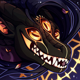 3_eyes ambiguous_form ambiguous_gender black_body black_horn blue_hair fangs hair horizontal_pupils horn multi_eye open_mouth orange_eyes orange_inner_ear pupils purple_body solo teeth text kolaa flight_rising mythology dragon mythological_creature mythological_scalie scalie spiral_dragon 1:1 artist_name