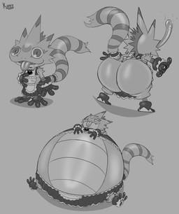 anthro belly big_belly big_butt blep bodily_fluids bottomwear butt clothed clothing crossdressing crossdressing_male dress drooling inflation maid_apron maid_uniform male overweight saliva skirt smile solo tongue tongue_out uniform kiffy_(artist) bandai_namco digimon digimon_(species) gekkomon scalie absurd_res hi_res monochrome