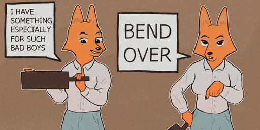 anthro bdsm clotches dialogue dominant dominant_female female paddle solo text dogsmoker dreamworks the_bad_guys diane_foxington canid canine fox mammal 2:1 comic english_text